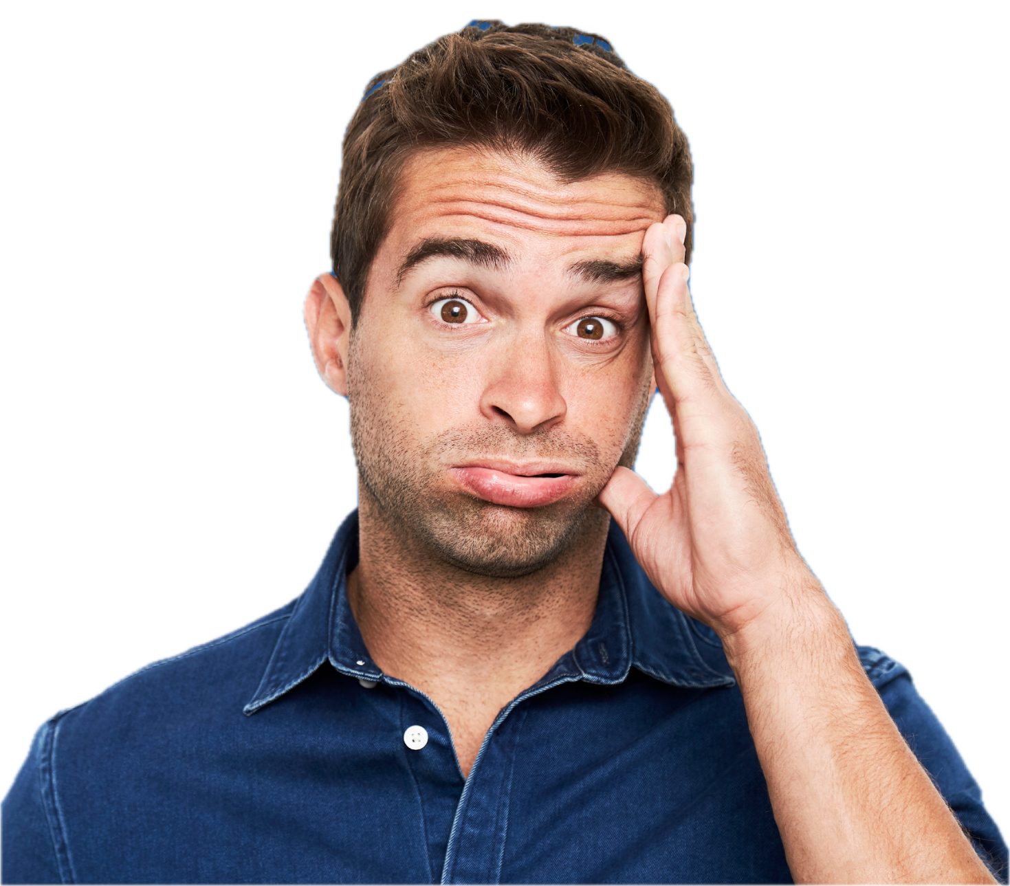 guy anxiety Anxiety guy in blue shirt